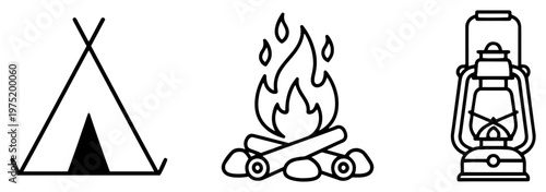 Teepee tent campfire and oil lantern camping icons in clean line art style