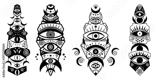 Mystical tribal totems with eyes and lunar symbols in esoteric graphic style