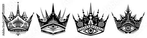 Crowns with mystical eyes and occult symbols in black and white line art style