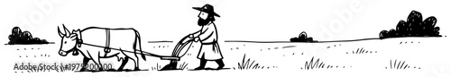 Fotografía Farmer plowing field with ox in rural landscape sketch style