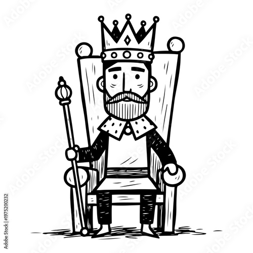 King sitting on throne holding scepter in cartoon line art style