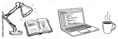 Workspace elements including laptop lamp notebook and coffee mug in sketchy line art style