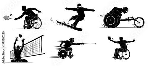 Para-athletes set showing various wheelchair sports and adaptive athletics in black silhouette style