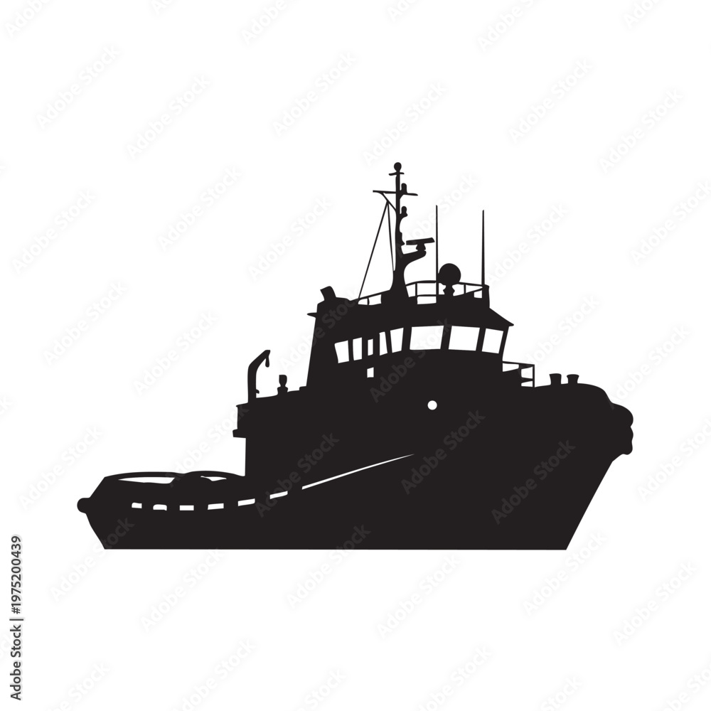 Obraz premium Tugboat silhouette industrial marine vessel vector illustration isolated on white background for mar