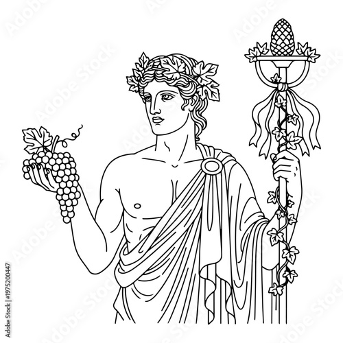 Dionysus Greek god holding grapes and thyrsus staff in classical line art style