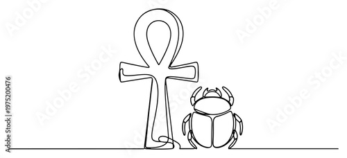 Egyptian ankh symbol and scarab beetle in continuous line art style