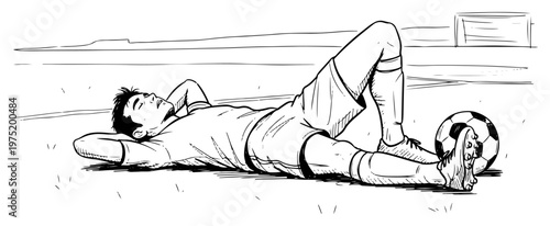Soccer player lying on grass pitch resting with football in sketch style