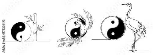 Yin yang symbols with bamboo crane and peacock in continuous line art style