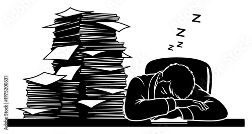 Exhausted office worker sleeping at desk next to pile of papers in silhouette style