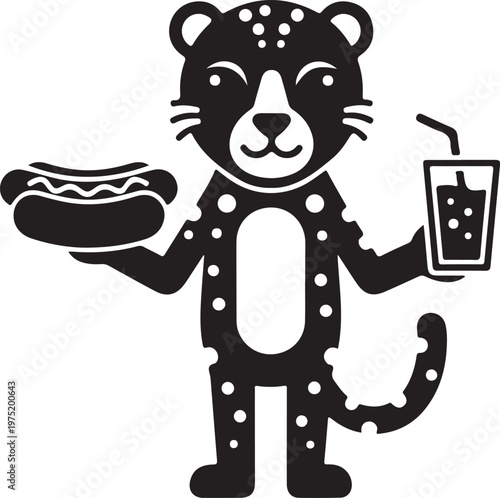 A cartoon jaguar in a costume holding a hot dog and a drink Vector, illustration