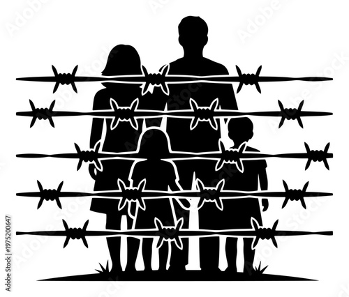 Family silhouettes behind barbed wire fence representing refugees or prison in silhouette style