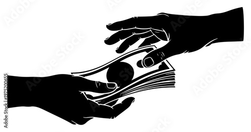 Hands exchanging stack of money representing bribery or payment in silhouette style