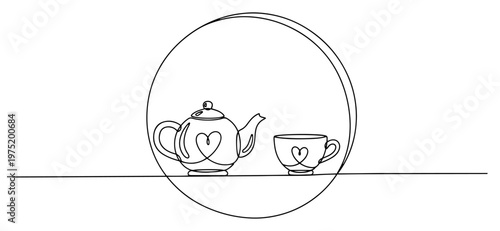 Teapot and teacup with heart patterns inside a circle in minimalist line art style