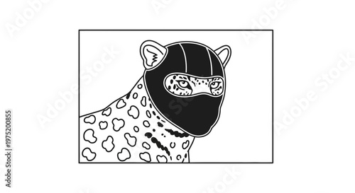 Leopard Wearing a Black Ski Mask, Criminal Animal Concept, Funny Bandit Illustration