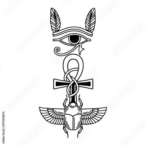 Egyptian symbols including Eye of Horus ankh and winged scarab in line art style