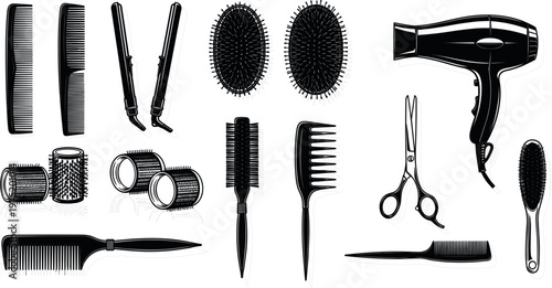 Professional Hair Styling Tools Collection Featuring Combs, Brushes, Scissors, Curlers, and Hair Dryers for Salons and Home Use