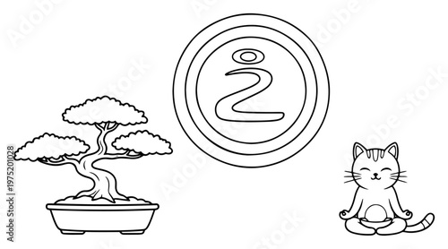 Bonsai tree with zen symbol and meditating cat in minimalist line art style