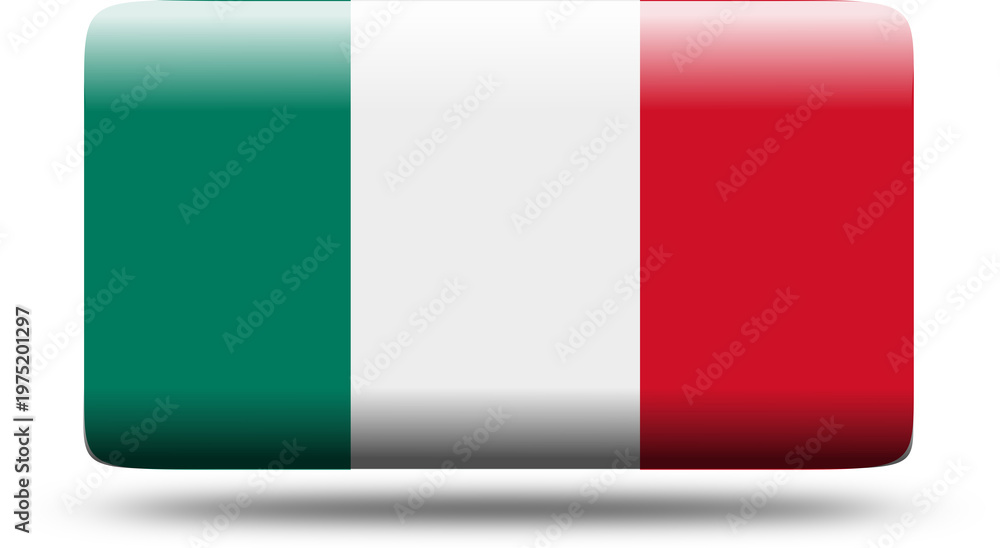 Fototapeta premium This 3d waving Italian flag icon and glossy national button design features the patriotic green white and red banner as a symbolic vector sign of Italy