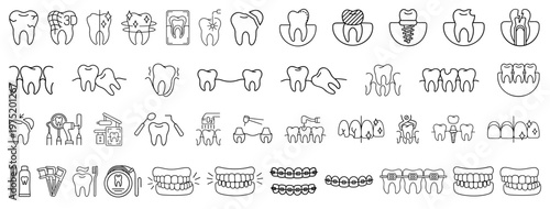 Dental line icon set tooth dentist clinic symbols oral care treatment caries drilling implant braces orthodontics prosthetics hygiene medical icons collection