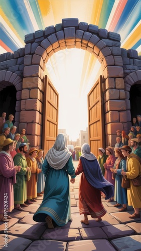 Biblical resurrection scene with open stone tomb at sunrise disciples in robes gathered around glowing entrance