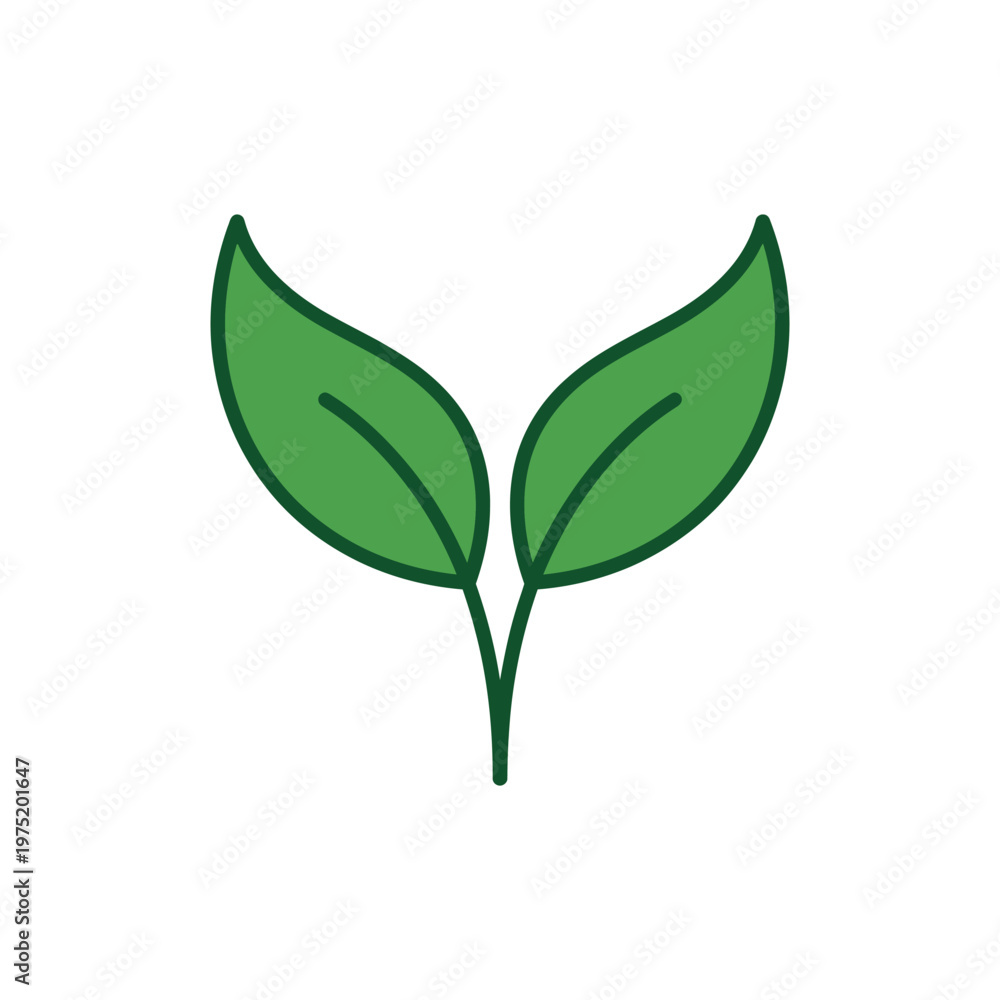 Obraz premium Symmetrical green tea leaf icon on stem in clean minimal flat vector style
