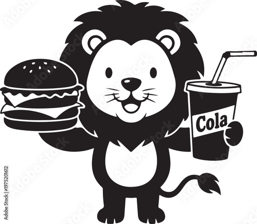 A lion holding a burger and a drink Vector, illustration