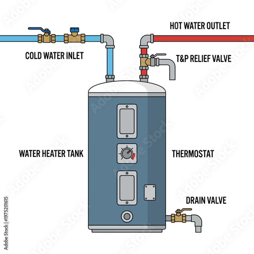 Flat vector illustration of tank water heater with pipes, clean technical style