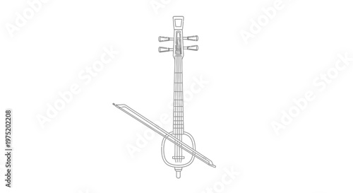 Erhu Chinese Violin Outline Drawing with Bow, Isolated on White Background
