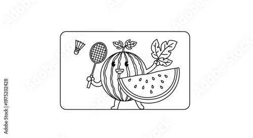 Cute Watermelon Character Playing Badminton, Summer Fun