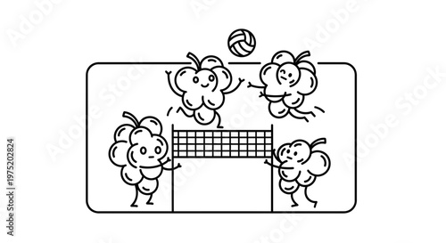 Cute Grapes Playing Volleyball Game on Court, Healthy Food Characters Having Fun