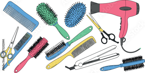Colorful Hairdressing Tools Set with Combs, Brushes, Scissors, Blow Dryer, and Styling Accessories for Salon and Beauty Designs