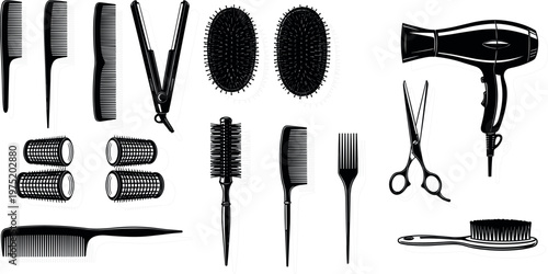 Hairdressing Tools Collection with Combs, Brushes, Scissors, Blow Dryer, and Styling Accessories for Salon, Beauty, and Personal Care Designs