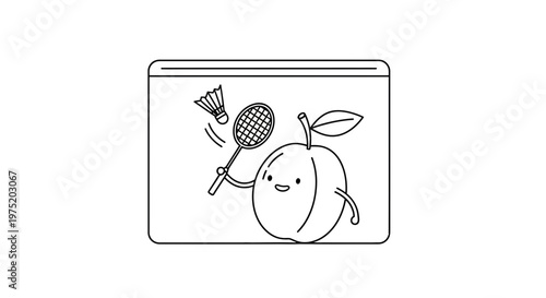 Cute cartoon plum playing badminton, healthy lifestyle, sports fun, isolated on white background