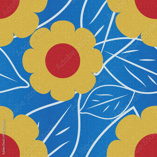 Seamless vector pattern featuring bold yellow flowers with red centers on a textured cobalt blue background. Vibrant 60s and 70s inspired pop art design