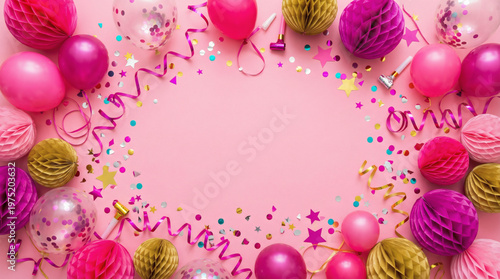 Bold Festive Party Background with Hot Pink and Fuchsia Balloons on Candy Pink Backdrop, Flat Lay with Copy Space