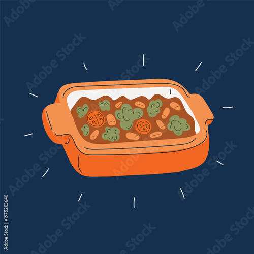 Cartoon vector illustration of baked food in baking dish, cooking and meal preparation concept
