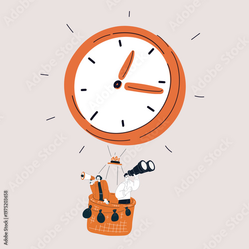 Cartoon vector illustration of people flying with binoculars and megaphone in clock balloon, time management and urgency concept