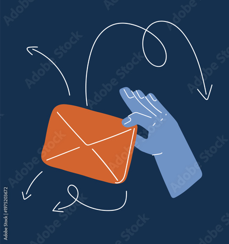 Cartoon vector illustration of hand sending envelope, communication and message delivery concept