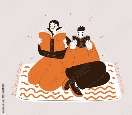 Cartoon vector illustration of people reading book on mat, cozy and learning concept
