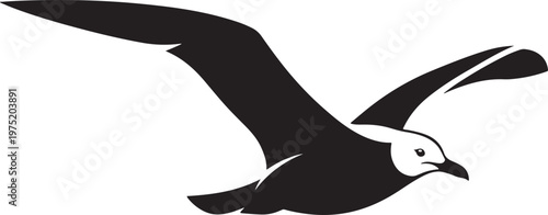 Stylized black silhouette icon of a flying seagull bird with nautical