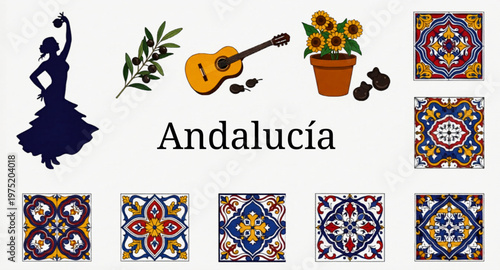 Andalucia patterns and Spanish cultural icons, traditional Mediterranean tile set with flamenco dancer and acoustic guitar, floral vector elements
