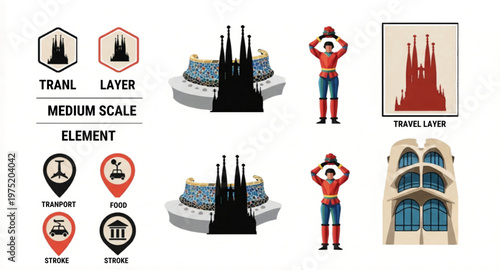 Andalucia patterns and Spanish cultural icons, traditional Mediterranean tile set with flamenco dancer and acoustic guitar, floral vector elements