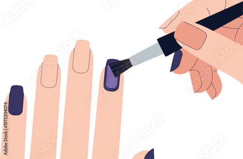 A hand applying purple nail polish to fingernails on transparent background