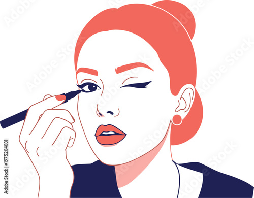 A woman applying makeup with a brush on transparent background
