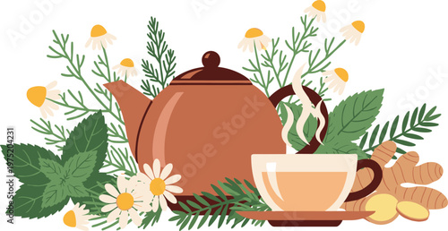 A tea pot and cup surrounded by herbs and flowers on transparent background
