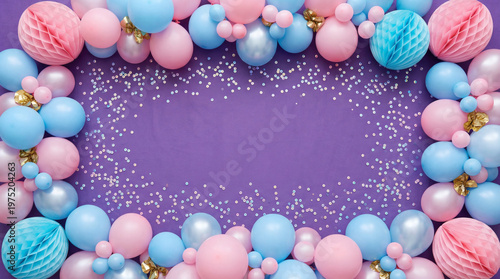 Bold Jewel-Tone Party Background with Magenta, Violet and Aqua Balloons on Purple Backdrop with Gold Confetti, Top Down Flat Lay with Copy Space