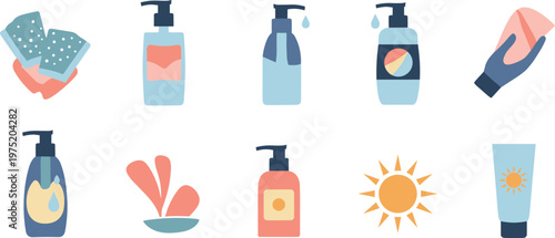 A collection of colorful skincare and sunscreen products on transparent background