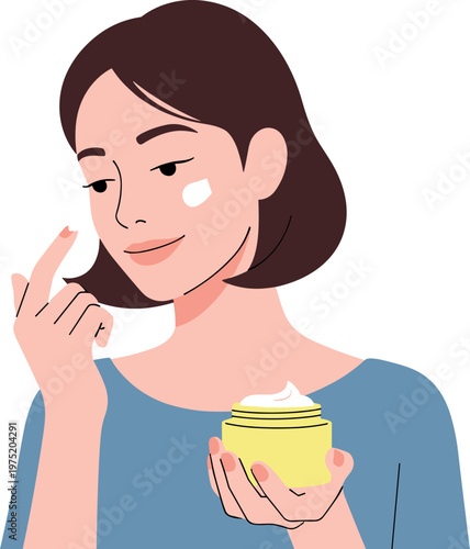A woman applying moisturizer to her face in a modern skincare routine on transparent background