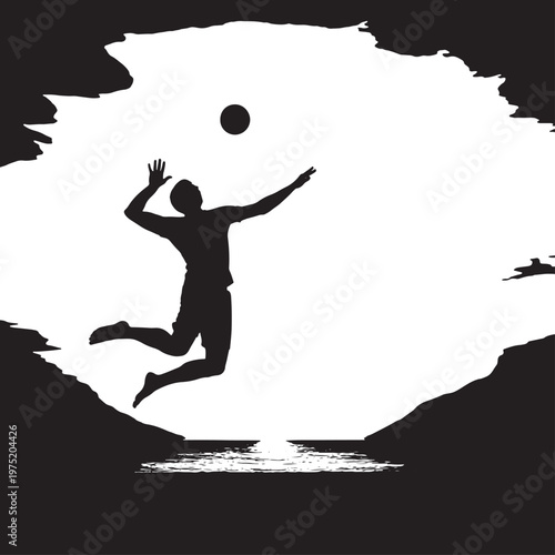 Volleyball player spiking ball silhouette with volleyball, silhouette