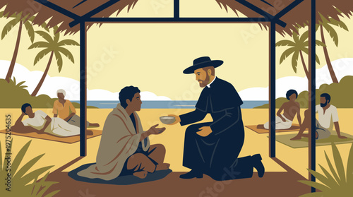 Father Damien Helping the Sick Vector